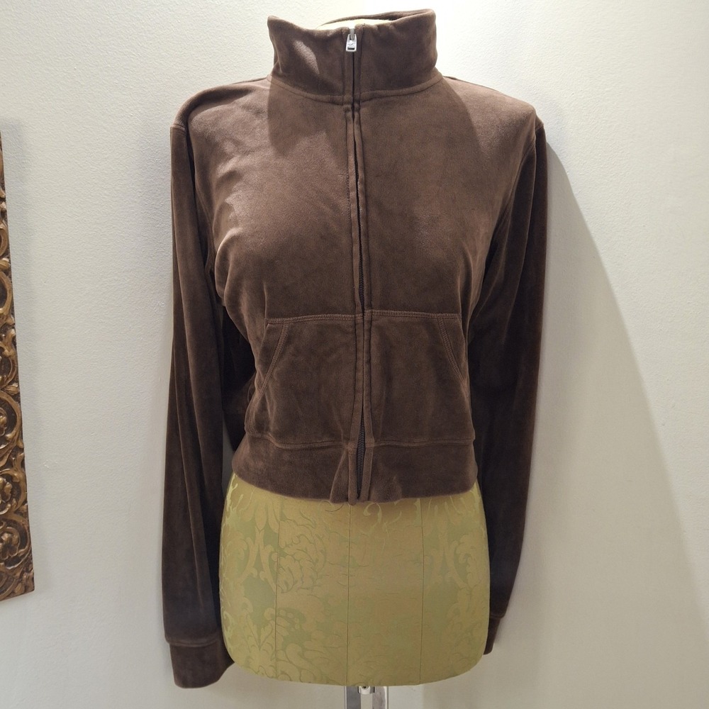 Hollister Brown Velour Cropped Track Jacket W Pockets Size Large Y2K Style